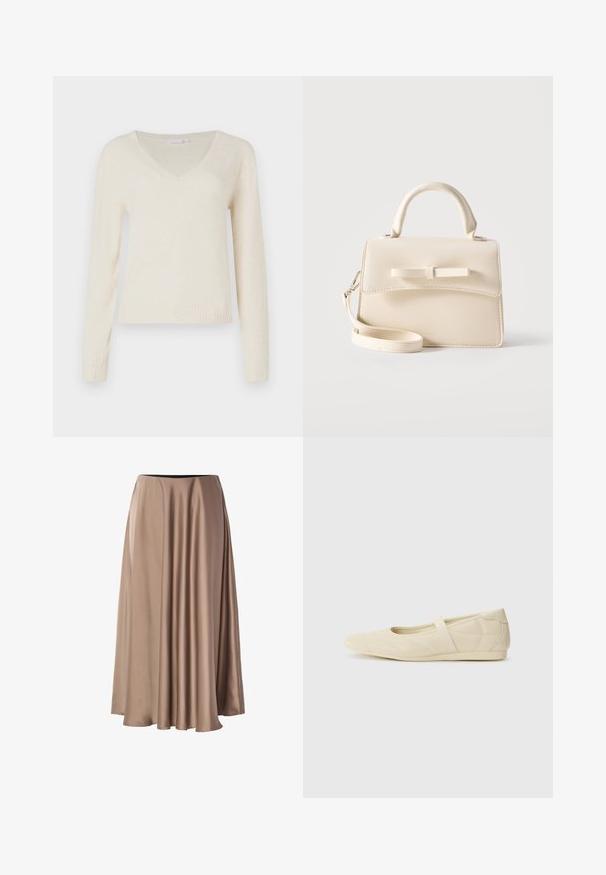 Cremefarvet V-hals langærmet sweater med ribbede manchetter og kant, præsenteret mod en ensfarvet hvid baggrund.; Lang A-linjeet nederdel lavet af glat, blankt stof i en lys beige farve. Har en elastisk talje og en flydende draperet design.; Lysebrune ballet flats med en glat læderoverflade, mandelformet tå og elastisk rem over vristen, med diskrete syninger.; Lille beige håndtaske med top-håndtag, aftagelig rem, forreste klap og dekorativ vandret sløjfe på en ensfarvet baggrund.