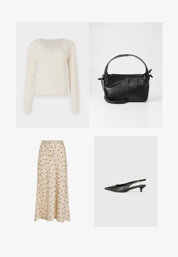 Cremefarvet V-hals langærmet sweater med ribbede manchetter og kant, præsenteret mod en ensfarvet hvid baggrund.; Beige midi nederdel lavet af glat stof, med et sort prikket mønster over det hele, let udvidet silhuet og splitdetalje.; Sorte spidse slingback-sko lavet af glat læder. Har en tynd hæl og en spænde detalje på den justerbare rem.; Sort læderhåndtaske med et struktureret design, rund tophåndtag og aftagelig skulderrem. Den har en glat tekstur og en subtil glans.