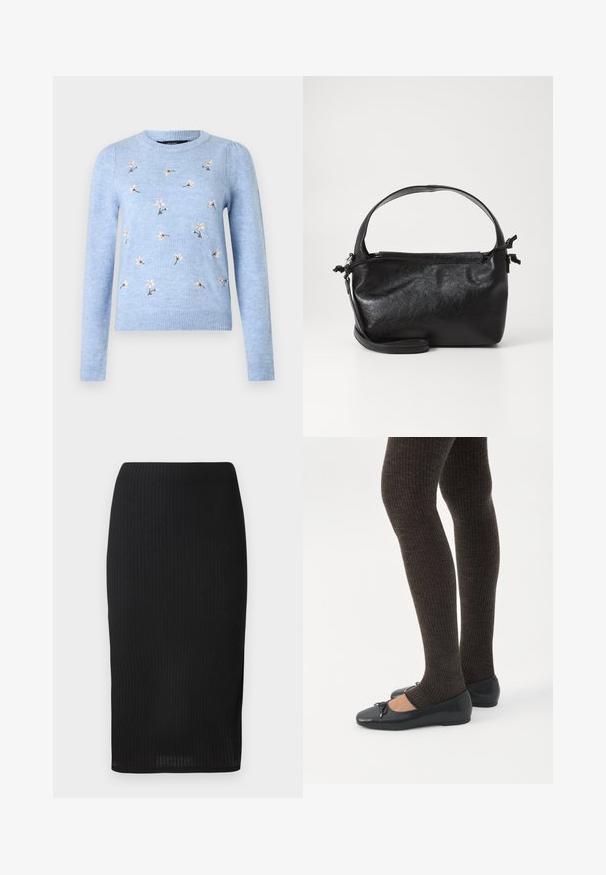 Lyseblå strikket sweater med blomsterbroderi, rund hals, lange ærmer og ribbede manchetter. Blød tekstur og figursyet design.; Sort ribbet blyantskørt i tætsiddende design med en glat tekstur og en længde til knæene. Simpel talje uden udsmykninger.; Ben iført mørke ribbede leggings kombineret med sorte balletsko med små sløjfedetaljer på hvid baggrund.; Sort læderhåndtaske med et struktureret design, rund tophåndtag og aftagelig skulderrem. Den har en glat tekstur og en subtil glans.
