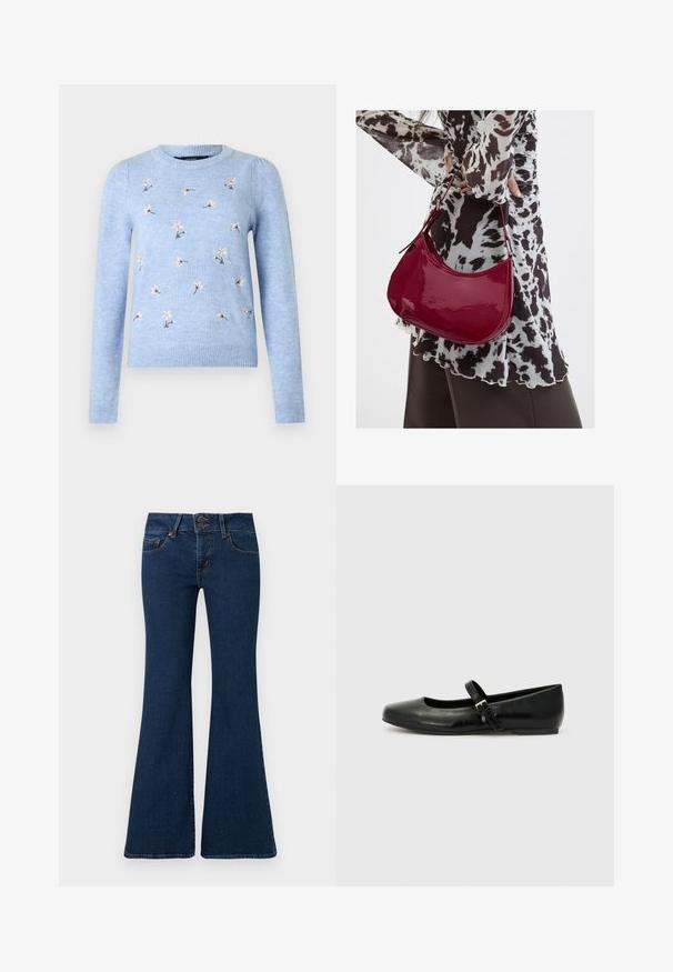 Pull tricoté bleu clair avec broderie florale, col rond, manches longues et poignets côtelés. Texture douce et coupe ajustée.; Jean flare bleu foncé en denim, avec fermeture éclair et double bouton, poches avant et détails cousus le long des côtés.; Ballerines en cuir noir avec un bout arrondi, une semelle plate et une fine sangle ajustable sur le cou-de-pied avec une boucle en métal.; Femme portant un chemisier à motif noir et blanc tenant un sac à main rouge brillant sur un fond uni.