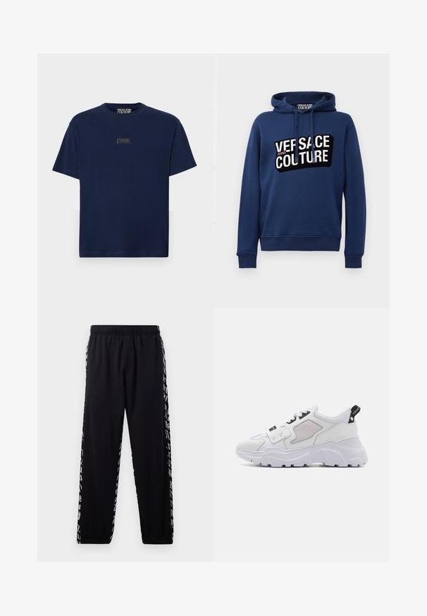 Námornícka modrá mikina s kapucňou, ktorá na prednej strane zobrazuje veľkú čierno-bielu grafiku "VERSACE JEANS COUTURE". Vyrobená z mäkkého materiálu.; Námornícky modré tričko s krátkym rukávom vyrobené z bavlny, s obdĺžnikovou nášivkou loga na hrudi. Klasický okrúhly výstrih a voľný strih.; Čierne tepláky s elastickým pásom a manžetami, s bielym abstraktným písmom na vonkajších švoch.; Biele masívne tenisky s textúrovaným koženým zvrškom, sieťovinovými akcentmi, čiernym logom a hrubou bielou podrážkou. Bočný úchyt pre jednoduché obúvanie.