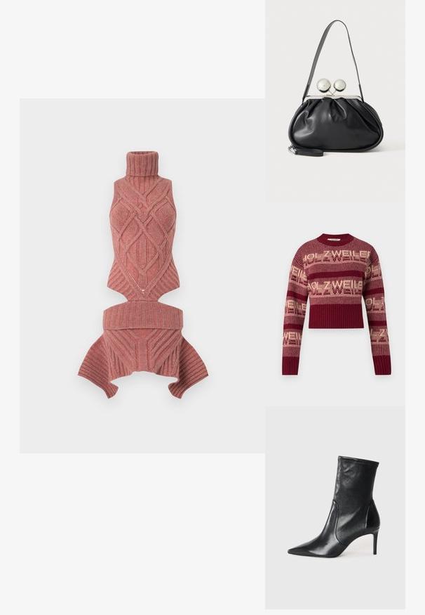 Gehaakte trui in bordeauxrood met crèmekleurige tekst, voorzien van een geribbelde zoom en manchetten, met een cropped ontwerp en lange mouwen.; Gehaakte mouwloze turtleneck in stoffige rozenkleur, met een getextureerd geometrisch patroon, geribbelde halslijn en een cropped ontwerp met brede armsgaten.; Zwarte enkelboots van soepel leer, met een spitse neus, een aangesloten schacht en een slanke hoge hak. Minimalistisch ontwerp zonder zichtbare hardware.; Zwarte leren handtas met een geplooid ontwerp, een enkele schouderband, zilverkleurige metalen omlijsting en twee grote ronde zilveren sluitingen.