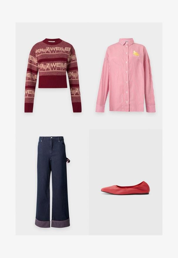 Pull en maille crochet bordeaux avec texte crème, présentant un ourlet et des poignets côtelés, avec une coupe courte et des manches longues.; Chemise à rayures verticales rouges et blanches, manches longues, avec boutons, col et petit motif banane jaune sur la poitrine gauche.; Pantalons en denim à jambes larges en coton bleu foncé avec un ourlet soigné, présentant une étiquette d'accent rose sur le côté et un design classique à cinq poches.; Filippa K REY FLATS - Ballerines - bright red