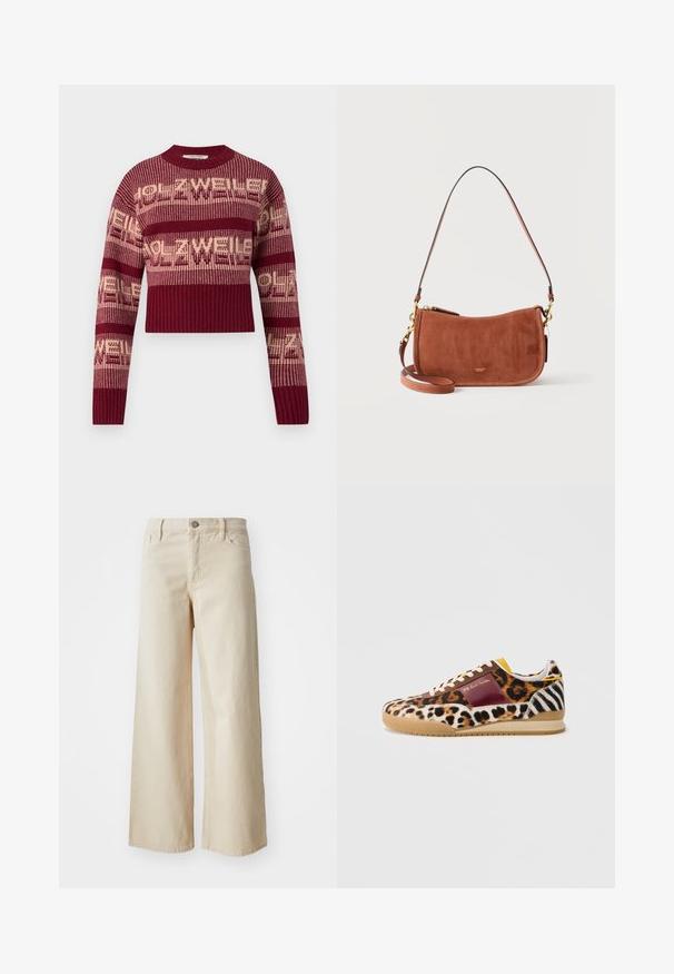 Gehaakte trui in bordeauxrood met crèmekleurige tekst, voorzien van een geribbelde zoom en manchetten, met een cropped ontwerp en lange mouwen.; Beige wijdvallende jeans van denim, met een hoge taille, knoopsluiting, riemlussen en zijzakken. Gladde textuur en relaxed fit.; Sneakers hebben een combinatie van dierenprints: luipaard- en zebrapatronen op zacht textiel. Bruine suède accenten en een rubberen zool maken het ontwerp compleet.; Bruine suède schoudertas met gouden hardware, korte riem, afneembare langere riem en klein Coach-logo in het midden aan de voorkant.