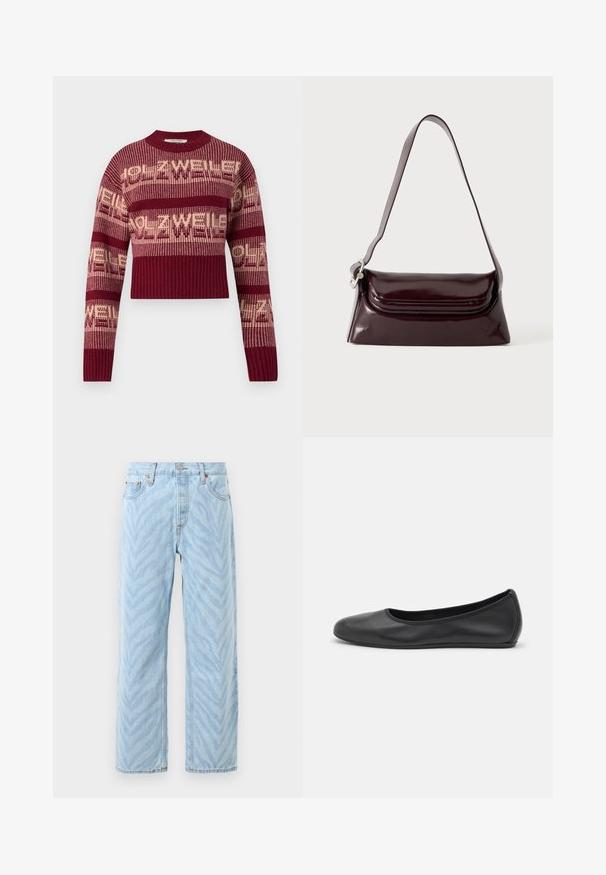 Pull en maille crochet bordeaux avec texte crème, présentant un ourlet et des poignets côtelés, avec une coupe courte et des manches longues.; Jeans droit light blue avec un motif subtil de rayures zèbres, fermeture par bouton et zip, et design à cinq poches.; Ballerines en cuir noir avec un bout rond, texture lisse, détails de couture minimalistes et design de semelle flexible.; Sac à bandoulière en cuir bordeaux foncé avec fermeture à rabat et une fine sangle réglable, présenté sur un fond clair uni.