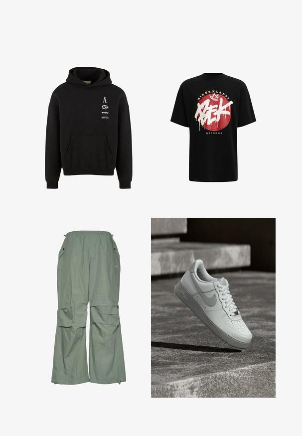 Schwarzer Kapuzenpullover mit einer Fronttasche, Kapuze mit Kordelzug und bedruckten Logos auf der Brust. Das Material wirkt weich und strukturiert.; Schwarzes Baumwoll-T-Shirt mit einem roten kreisförmigen Grafikdesign, das weißen Graffiti-ähnlichen Text und ein Kronenmotiv zeigt, mit der Aufschrift "Bisesklappt Records".; Hellgrüne, locker sitzende Cargo-Hosen mit einem Kordelzugbund, Seitentaschen und weitem Bein. Hergestellt aus leichtem Stoff mit einer zerknitterten Textur.; Weißer Nike Air Force 1 Sneaker, der über einer strukturierten Betonoberfläche schwebt, mit Steinstufen im Hintergrund.