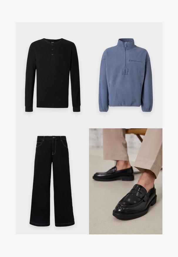 Hele sinine fliisist pullover kõrge kraega, poollukuga ja rinnataskuga. Omab brodeeritud "GAP" logo ja elastseid varrukaid.; Must värviline pika varrukaga henley särk, millel on kolmepaneelne nööpide rida kaela juures, pehme tekstuur ja soonikkoes varrukad, klassikalise lõike ja minimaliseeritud disainiga.; Mustad mustad püksid, mis on valmistatud denimist, nup closures, viis taskut ja kontrastsed valged õmblused õmblustes.; Mustad nahast mokassiinid sileda viimistlusega, dekoratiivse rihma ja kontrastõmblustega, koos beežide pükstega.