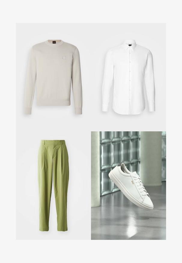 Suéter de punto de color beige claro con mangas largas, escote redondo, dobladillo y puños acanalados, que presenta un pequeño logo rectangular en el pecho.; Camisa blanca de manga larga, con cierre de botones en el frente, cuello clásico, confeccionada con una tela suave con una textura sutil, diseñada para un ajuste entallado.; Pantalones verdes claros hechos de una tela texturizada, con una forma recta, pliegues en la parte frontal y una cinturilla estándar.; Zapatilla deportiva de piel blanca de corte bajo con cordones, lengüeta negra en el talón y logo "BOSS", flotando en interiores cerca de una pared de bloques de vidrio y suelo pulido.