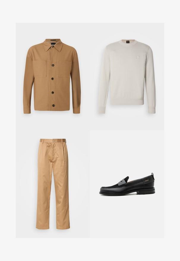 Lichtbeige gebreide trui met lange mouwen, ronde halslijn, geribbelde onderkant en manchetten, voorzien van een klein rechthoekig logo op de borst.; BOSS CRAIG - Overhemd - medium beige; Khaki broek, katoenmix, recht model, voorplooien, riemlussen en knoopsluiting. Gladde textuur zonder patronen.; Zwarte leren loafer met grijs riemdetailelement, lage hak en gestructureerde zool, aan de zijkant gebrandmerkt met "HUGO" in goud.