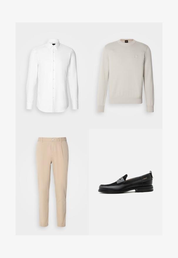 Suéter de punto de color beige claro con mangas largas, escote redondo, dobladillo y puños acanalados, que presenta un pequeño logo rectangular en el pecho.; Camisa blanca de manga larga, con cierre de botones en el frente, cuello clásico, confeccionada con una tela suave con una textura sutil, diseñada para un ajuste entallado.; Pantalones beige de corte slim, hechos de material tejido. Presentan un cierre de botón único, frente con pliegues y piernas rectas.; Mocasín de cuero negro con detalle de tira gris, tacón bajo y suela texturizada, con la marca "HUGO" en oro en el lateral.