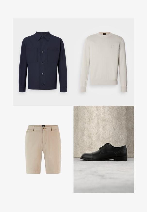 Lichtbeige gebreide trui met lange mouwen, ronde halslijn, geribbelde onderkant en manchetten, voorzien van een klein rechthoekig logo op de borst.; Marineblauwe button-up jas van stof met een gladde textuur. Beschikt over twee borstzakken en een puntige kraag, met vier knopen aan de voorkant.; Beige katoenen shorts met een rechte pasvorm, knoopsluiting en zijzakken. Heeft een eenvoudig ontwerp en een schone zoom.; Zwarte leren nette schoen met een gladde afwerking, een afgeronde neus en decoratieve perforaties. Heeft vijf vetergaatjes en een platte zool.