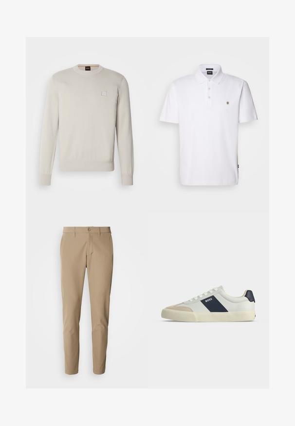 Lichtbeige gebreide trui met lange mouwen, ronde halslijn, geribbelde onderkant en manchetten, voorzien van een klein rechthoekig logo op de borst.; Witte polo met korte mouwen van katoen, met een klassieke kraag, een drieknoopsluiting en een klein logo op de borst.; Beige broek van gladde stof met een rechte snit, voorzien van een knoopsluiting en voorzakken, en inclusief riemlussen.; Witte lage sneaker met beige neus, donkerblauwe zijstreep met label BOSS, witte veters en rubberen zool op een neutrale achtergrond.