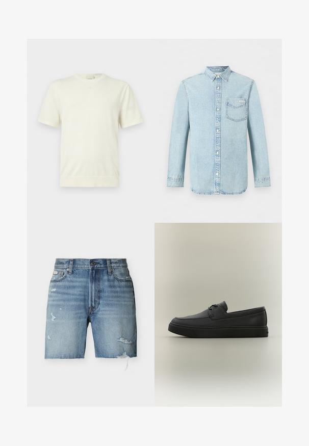 T-shirt blanc uni à manches courtes avec col rond, ourlet et poignets côtelés, présenté sur un fond gris clair neutre.; Chemise en denim bleu clair à manches longues, fermeture boutonnée devant, une poche poitrine simple avec le logo Calvin Klein, et un col pointu.; Shorts en denim bleu clair avec bords effilochés, détails usés sur les deux jambes, fermeture avant par boutons, et poches avant sur fond blanc.; Mocassin décontracté en cuir noir avec des détails de laçage et une semelle en caoutchouc épaisse, présenté de profil sur un fond neutre.