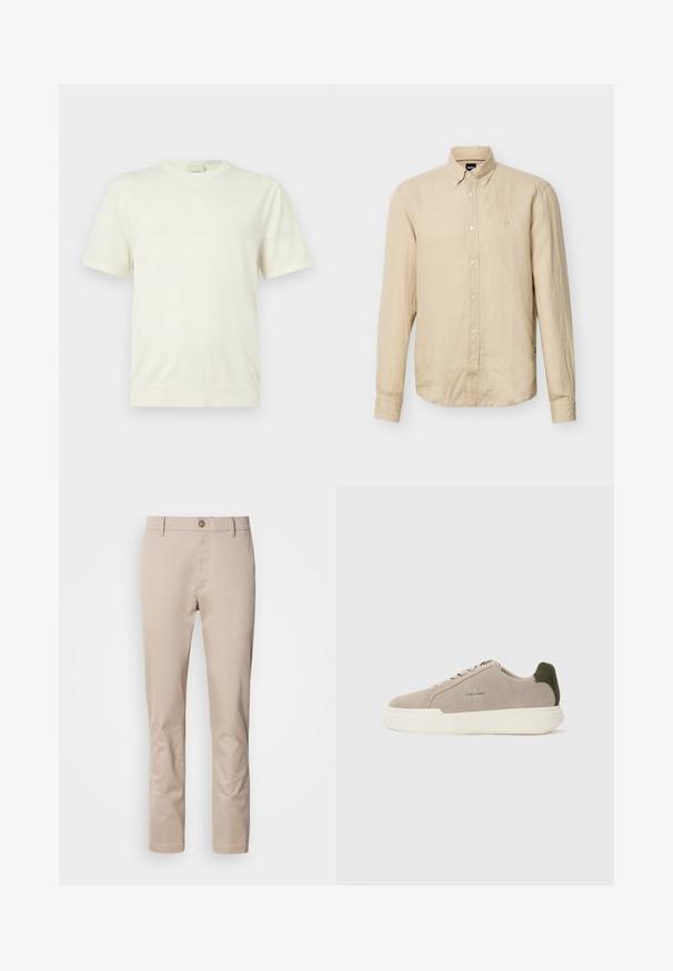 Enkelt hvid kortærmet t-shirt med rund hals og ribbet kant og manchetter, vist på en neutral, lys grå baggrund.; Beige langærmet skjorte med knapper og krave med knapper samt lille broderet logo på venstre bryst.; Beige bomulds chinos med lige pasform, bæltestropper, en enkelt frontknap og en glat, utextureret overflade. Ingen lommer er synlige.; Beige ruskinds sneakers med en hvid gummisål, der har en mørkegrøn hælaccent og subtil branding på siden.