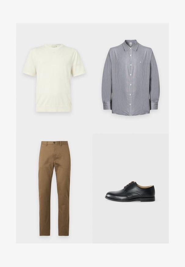 T-shirt blanc uni à manches courtes avec col rond, ourlet et poignets côtelés, présenté sur un fond gris clair neutre.; Chemise à manches longues pour homme avec fines rayures grises et blanches, col pointu, et petit logo blanc brodé sur la poitrine.; Pantalon chino kaki homme coupe slim avec passants de ceinture, fermeture boutonnée devant et jambes droites sur fond uni.; Calvin Klein ESS DERBY - Derbies - triple black