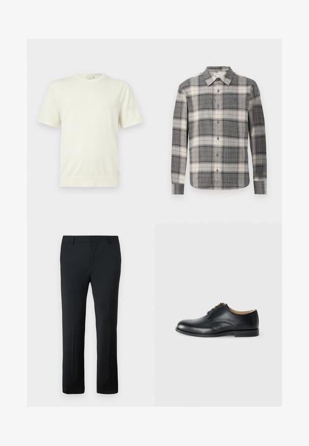 Camiseta blanca lisa de manga corta con cuello redondo y dobladillo y puños acanalados, mostrada sobre un fondo gris claro neutro.; Camisa de cuadros de manga larga en negro y crema. Presenta un cierre frontal con botones, collar clásico y un patrón de cuadros variado. Textura de tela suave.; Pantalones tailored negros con una textura suave, diseño de pierna recta, cintura segura y sin patrones o adornos visibles.; Calvin Klein ESS DERBY - Zapatos de vestir - triple black