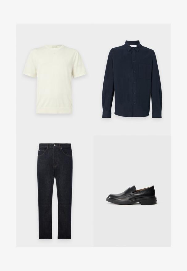 Schlichtes weißes Kurzarm-T-Shirt mit Rundhalsausschnitt, Rippbund und Bündchen, präsentiert vor einem neutralen hellgrauen Hintergrund.; Navy-blaues Langarmhemd aus weichem Stoff, mit durchgehender Knopfleiste, spitzem Kragen und einer einzelnen Brusttasche.; Dunkelblaue Denim-Jeans mit geradem Bein, ausgestattet mit fünf Taschen, kontrastierenden orangen Nähten und einem Knopfverschluss an der Taille.; Schwarze Leder-Pantoletten mit niedrigem Absatz und dezentem Calvin Klein-Logo an der Seite, im Profil vor einem weißen Hintergrund dargestellt.