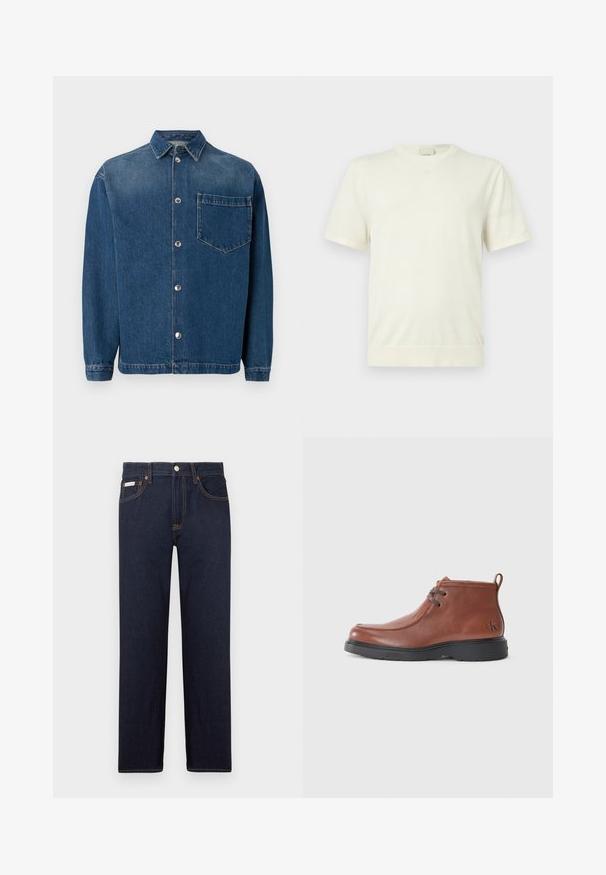 Enkelt hvid kortærmet t-shirt med rund hals og ribbet kant og manchetter, vist på en neutral, lys grå baggrund.; Mørkeblå denimskjorte med knaplukning foran, krave og en enkelt brystlomme. Glat tekstur og klassisk pasform. Sølvknapper som hardware.; Mørkeblå denimjeans med lige skæring, et klassisk fem-lomme design og kontrast orange syninger. Har en metal knaplukning.; Brune læder ankelstøvler med en rund tå, snøredetaljer og en sort gummisål. Bemærkelsesværdigt logo på hælen og syningens accenter.