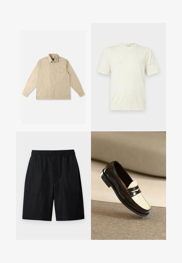 T-shirt blanc uni à manches courtes avec col rond, ourlet et poignets côtelés, présenté sur un fond gris clair neutre.; Chemise beige à manches longues en tissu coton, avec un col classique, une patte de boutonnage sur le devant, une poche poitrine simple et un écusson de la marque sur la poche.; Shorts taille élastique noire avec deux poches plaquées à l'avant et une coupe droite arrivant au genou, sur un fond uni.; Mocassin en cuir noir avec un empeigne crème et des rayures noires, présentant un petit talon et des coutures détaillées le long des bords.