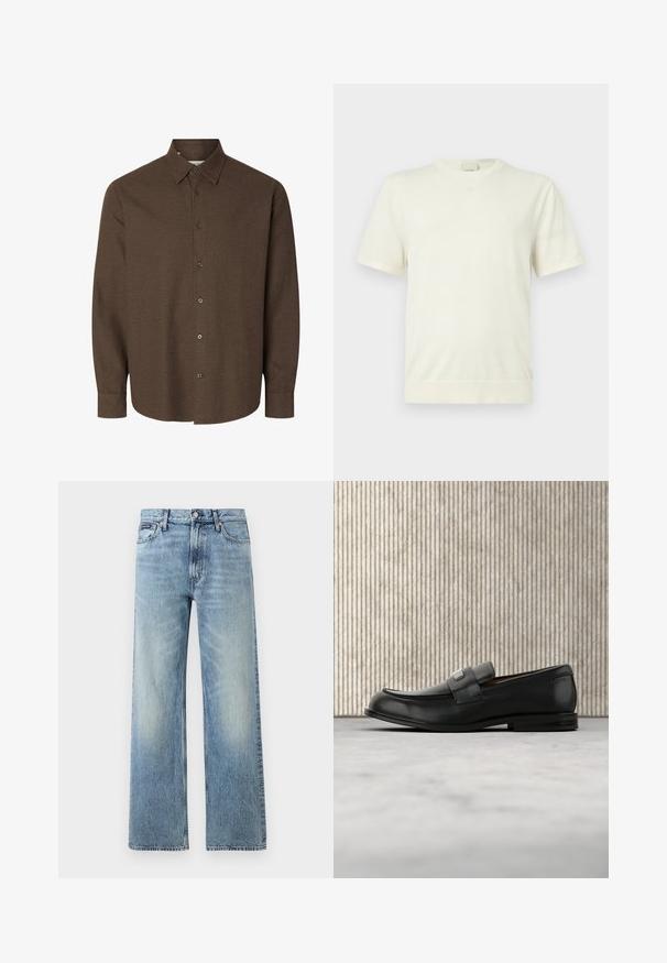 Enkelt hvid kortærmet t-shirt med rund hals og ribbet kant og manchetter, vist på en neutral, lys grå baggrund.; Langærmet brun skjorte med knapper, med klassisk krave og manchetter med en enkelt knap, vist mod en hvid baggrund.; Lyseblå denim jeans med lige ben, højt talje, fem lommer, knaplukning og diskrete falmede områder på lår og knæ.; Sort læderloafer med metalbrandskilt hvilende nær et brunt rundt bord på beige tæppe.