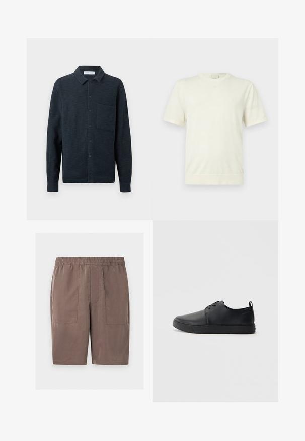 T-shirt blanc uni à manches courtes avec col rond, ourlet et poignets côtelés, présenté sur un fond gris clair neutre.; Chemise texturée bleu marine foncé à manches longues avec boutons, col et une poche poitrine unique à gauche sur un fond uni.; Shorts marron longueur genoux avec une taille élastique et deux grandes poches plaquées à l'avant, posés à plat sur un fond blanc.; Baskets en cuir noir avec une finition lisse, bout arrondi, coutures ton sur ton, devant à lacets et semelle plate en caoutchouc. Anse au talon.