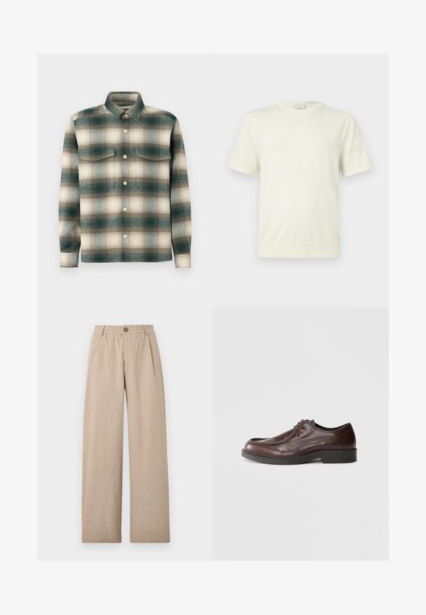 Enkelt hvid kortærmet t-shirt med rund hals og ribbet kant og manchetter, vist på en neutral, lys grå baggrund.; Rutig skjorte i nuancer af grøn, beige og brun. Fremstillet af tekstureret stof med knaplukning foran og to brystlommer.; Beige vide bukser med struktureret finish, der har folder og en elastisk talje, fastgjort med en bronze knap foran.; Brune lædersko med rund tå, minimal syning og en solid sort sål. Har snørelukning og en glat overflade.