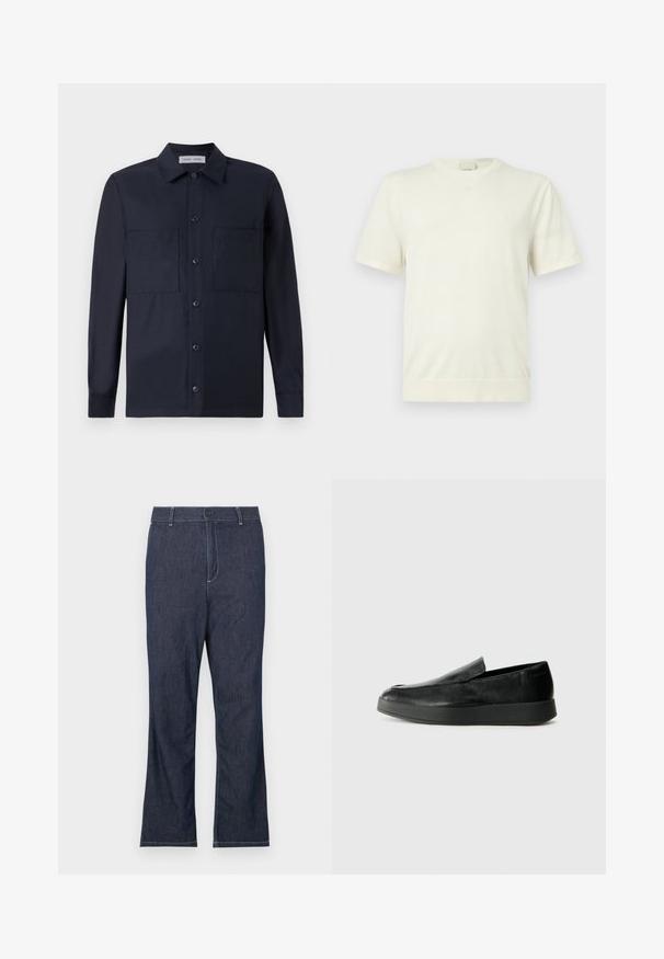 Enkelt hvid kortærmet t-shirt med rund hals og ribbet kant og manchetter, vist på en neutral, lys grå baggrund.; Samsøe Samsøe TAKA JO OVERSHIRT - Skjorter - dark blue; Mørkeblå denimjeans med lige ben, der har lukkes med knapper og kontrastfarvet hvid syning på lommer og sømme.; Calvin Klein HYBRID CUP - Loafers - triple black