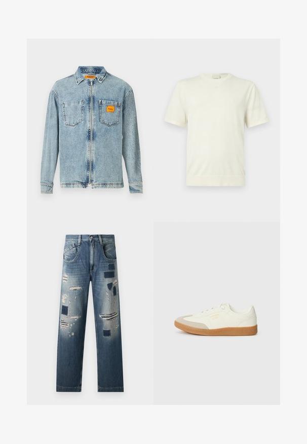 Lihtne valge lühikeste varrukatega ümara kaelusega särk, mille alläär ja varrukaservad on soonikkoes, esitatud neutraalsel helehallil taustal.; Helefrontse lukuga helesinine denim jakker, kahe rindkere taskuga ja väikese oranži Replay Inc. etiketi avaga paremas taskus ja kraes.; Teksased, millel on kulunud plaastrid ja erinevad sinise tooni variatsioonid, sirge sääre lõike ja traditsioonilise viie tasku kujundusega.; Valgedest nahast tennisekets, millel on beež peaalus ja heledast pruunist kummist talla. Omab lapikuid valgeid paelu ning embosseeritud brändimist küljel.