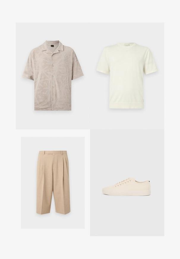 T-shirt blanc uni à manches courtes avec col rond, ourlet et poignets côtelés, présenté sur un fond gris clair neutre.; Chemise beige à manches courtes avec boutons, motif de feuilles texturées subtile, petit col, posée à plat sur un fond blanc.; Short beige sur mesure arrivant aux genoux avec plis à l'avant, passants de ceinture et une taille lisse sur un fond clair uni.; Baskets en toile beige avec bout arrondi, semelle en caoutchouc plate et lacets à l'avant. Présente un design minimaliste et un accent noir contrastant au niveau du talon.