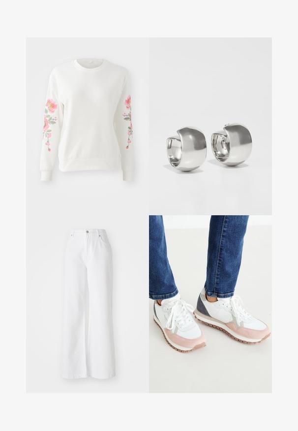 Hvid sweatshirt med levende pink blomsterbroderi langs ærmerne. Letvægtsstof, rund hals og ribbet manchetter og kant.; Hvide denim bredbenede bukser med høj talje, der har forlommer og sølvknaplukning. Teksturen er glat med en ensfarvet overflade.; Hvide og lyserøde sneakers med grå accenter, der har en overdel i ruskind og mesh, gummisål og runde snørebånd.; Uncommon Matters SCULPTURAL LARGE CREOLE - Øreringe - silver-coloured