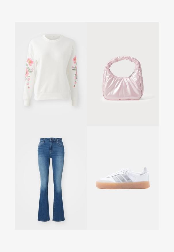 Hvid sweatshirt med levende pink blomsterbroderi langs ærmerne. Letvægtsstof, rund hals og ribbet manchetter og kant.; Højtaljede klokkejeans i lyseblå denim, med en glat tekstur, lynlås med en knap og to frontlommer.; Hvid lavtop-sneaker med gum-gummisål, sølvstribede sideaccents og snørelukning, vist mod en ensfarvet lys baggrund.; Rosa, polstret håndtaske med afrundet design, lavet af skinnende materiale. Har et samlet håndtag og en lynlås til sikker adgang.