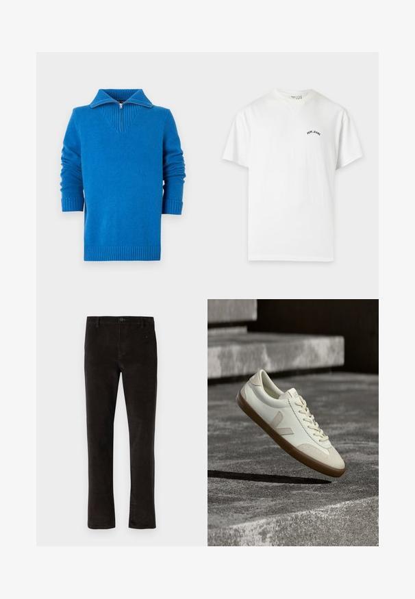 Pull-over bleu avec col côtelé, design à demi-fermeture éclair, manches longues et poignets côtelés, avec une texture en maille lisse.; T-shirt blanc à manches courtes col rond avec petit texte noir "Pepe Jeans" sur la poitrine gauche.; Pantalons en velours côtelé noir avec une coupe droite, dotés d'une fermeture à un seul bouton et d'une texture subtile. Style minimaliste sans motifs visibles.; Baskets en cuir blanc avec semelle en caoutchouc beige, lacets plats et accent en forme de V sur le côté. Présentent une surface lisse et peu de détails de couture.