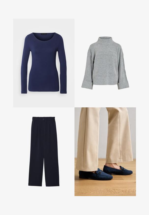 Grijze gebreide trui met een hoge kraag, brede mouwen en een gestructureerde stof. Heeft een casual pasvorm en ribgebreide accenten bij de manchetten en de zoom.; Marineblauw langemouwen T-shirt van zacht materiaal met een ronde halslijn en een getailleerd ontwerp. Geen zichtbare patronen of accenten.; Marineblauwe wijde broek met een gladde textuur, elastische tailleband, enkele plooien aan de voorkant en een knoopsluiting in de taille.; Marineblauwe suede instappers met een ronde neus, een kleine hak en zilveren hardware detail over de bovenkant. Gecombineerd met beigekleurige wijde broek.