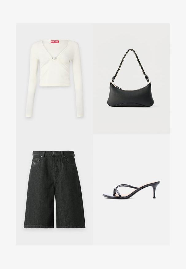 Biely dlhý rukávový crop top s výstrihom do V a centrálnym kovovým doplnkom. Mäkká textúra so zberanými detailmi na prednej strane. Značková nálepka na golieri.; Čierne džínsové šortky s voľným strihom, s gombíkom a zipsom vpredu, pútka na opasok a dve predné vrecká. Textúrovaná látka s detailným prešívaním.; Čierna sandála na podpätku z lakovanej kože s tenkými prekríženými remienkami a úzkym stredne vysokým ihličkovým podpätkom na bielom pozadí.; Čierna kožená kabelka na rameno s oblým obdĺžnikovým tvarom, zlatým reťazcom vpleteným do čierneho pleteného remienka a horným zipsovým zapínaním.