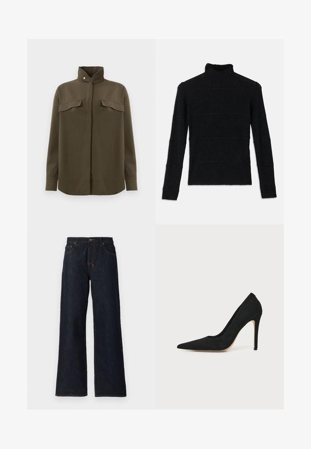 Sort ribbet turtleneck sweater med lange ærmer og en tekstureret overflade. Fremstår med vandrette striber og en bølget kant ved ærmerne.; Brun langærmet skjorte med stående krave og trykknap, to forlommer med klap og skjult knaplukning.; Mørkeblå vidde jeans lavet af denim, med orange syninger, to frontlommer og en knaplukning i taljen.; Sort højhælet stiletpump med spids tå og glat tekstur, vist fra siden på en ensfarvet lys baggrund.
