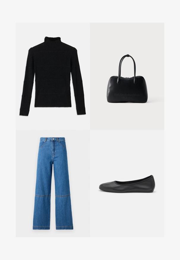 Pull en maille côtelée noir à col roulé, à manches longues et finition texturée. Présente des rayures horizontales et un ourlet festonné au niveau des manches.; Jean en denim bleu à jambe large et taille haute, avec des coutures doubles au niveau des genoux et une finition en tissu texturé.; Ballerines en cuir noir avec un bout rond, texture lisse, détails de couture minimalistes et design de semelle flexible.; Sac à main en cuir noir Emporio Armani Milano avec deux longues poignées et une fermeture éclair supérieure sur fond blanc.