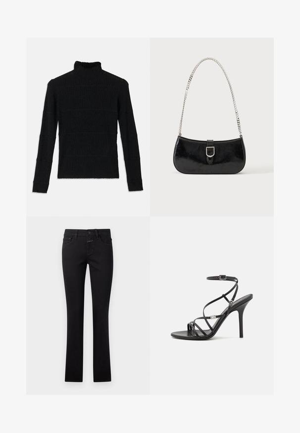 Sort ribbet turtleneck sweater med lange ærmer og en tekstureret overflade. Fremstår med vandrette striber og en bølget kant ved ærmerne.; Sort jeans lavet af denim, med en tætsiddende design, knaplukning og traditionel fem-lomme stil. Glat tekstur med let stræk.; Sort højhælet sandal med tynde stropper, en ankelspænde, en glat læderoverflade og en slank stilethæl.; Sort skuldertaske i laklæder med sølv spænde og sølv kæderem, vist mod en ensartet lys baggrund.