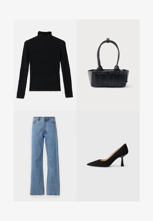 Zwarte geribbelde turtleneck trui met lange mouwen en een gestructureerde afwerking. Voorzien van horizontale strepen en een geschulpte zoom bij de mouwen.; Lichtblauwe hoge taille straight-leg jeans met een voorknoop, rits en vijf-pocket ontwerp op een effen witte achtergrond.; Zwarte suède high-heeled pump met een spitse neus, voorzien van een glanzende zwarte blokhak en een gladde binnenvoering.; Zwarte leren handtas met twee handvatten, decoratieve riemen en een rechthoekige bodem op een effen lichte achtergrond.
