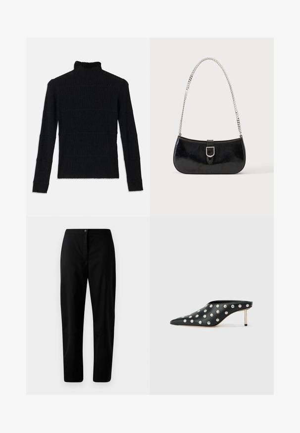 Jersey de pico negro con canalé y mangas largas, con un acabado texturizado. Presenta rayas horizontales y un dobladillo en picos en las mangas.; Pantalones rectos negros con cierre de botón y cremallera, tejido suave y detalles mínimos sobre un fondo claro.; STAND STUDIO KELSEY - Mules de tacón - black; Bolso de hombro de charol negro con detalle de hebilla plateada y correa de cadena plateada, presentado sobre un fondo liso y claro.