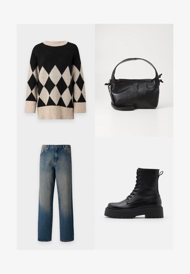 Sort og creme sweater med diamantmønster, rund halsudskæring, brede ærmer og struktureret strikfinish.; Blå denim jeans med et lige ben design, der har en fading fra mørk til lys, fem-lommemodel og en knaplukning i taljen.; Sorte læder ankelstøvler med rund tå, snørebånd foran og en tyk gummisål med struktureret slidbane. Hæfteløkke bagpå.; Sort læderhåndtaske med et struktureret design, rund tophåndtag og aftagelig skulderrem. Den har en glat tekstur og en subtil glans.