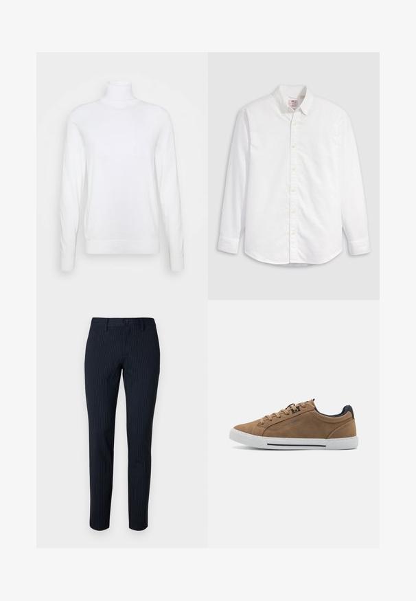 Hvid turtleneck sweater med lange ærmer, lavet af glat stof. Har et tætsiddende design og ribbede manchetter og kant. Ingen mønstre eller accenter.; Hvid skjorte med knapper, lavet af bomuld, med lange ærmer, krave og en buet kant. Har gule knapper og diskret branding.; Marineblå bukser med tynde lodrette striber, lavet af et glat stof. Har en knaplukning og en skræddersyet pasform med lige ben.; Brune ruskinds sneakers med beige snørebånd, hvid gummisål og en mørkeblå hælaccent. Har syede detaljer og et afslappet design.