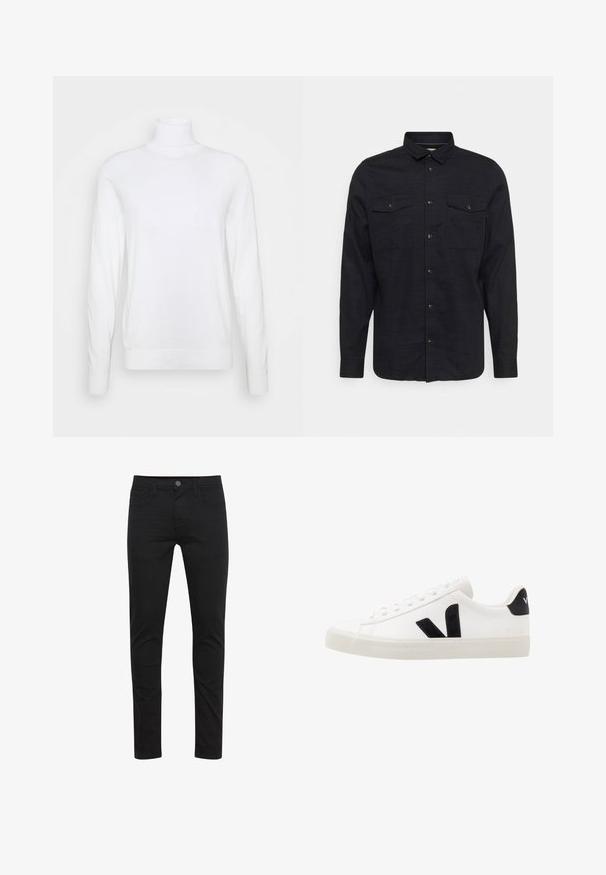 Hvid turtleneck sweater med lange ærmer, lavet af glat stof. Har et tætsiddende design og ribbede manchetter og kant. Ingen mønstre eller accenter.; Sort langærmet skjorte med knap-krave, to brystlommer og knaplukning foran. Struktureret stof med subtil glans.; Sorte skinny jeans lavet af letvægtsstof med frontknaplukning, fem lommer og diskrete syningsdetaljer.; Hvide lædersneakers med sorte ruskindsdetaljer; har en gummisål, rund tå og klassisk snørebåndsdesign. Side logo i sort.
