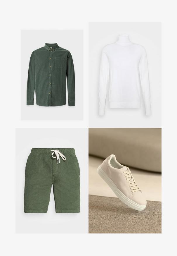 Pull à col roulé blanc avec des manches longues, fabriqué en tissu lisse. Présente un design ajusté et des poignets et un ourlet côtelés. Pas de motifs ni d'accents.; Chemise en velours côtelé vert à manches longues, col boutonné, poche poitrine avant et boutons beige sur le devant et au col.; Échec de la génération du texte alternatif; Baskets en suède beige avec semelle et lacets blancs, présentées en suspension au-dessus d'un tapis beige texturé sur fond beige doux.