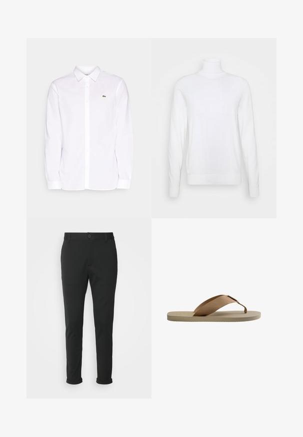 Hvid turtleneck sweater med lange ærmer, lavet af glat stof. Har et tætsiddende design og ribbede manchetter og kant. Ingen mønstre eller accenter.; Hvid langærmet skjorte lavet af bomuld, med krave der kan knappes ned, et grønt broderet logo på venstre bryst og lige manchetter.; Sorte bukser lavet af et glat stof med lige pasform. Har en enkelt knaplukning og opspejdede manchetter.; Beige flip-flop sandal med tekstureret sål og bred brun stoftåskele på hvid baggrund.