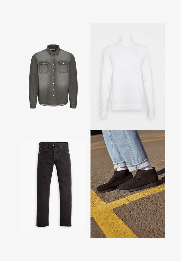 Hvid turtleneck sweater med lange ærmer, lavet af glat stof. Har et tætsiddende design og ribbede manchetter og kant. Ingen mønstre eller accenter.; Grå denimskjorte med button-down krave, lange ærmer, to brystlommer og sølvhardware detaljer. Aftagende gradient design.; Sorte slim-fit jeans med knapåbning, fem lommer og kobbernitter liggende fladt på en hvid baggrund.; Sorte suede ankelstøvler med en glat overflade, buet tå og syede detaljer. Kombination med lyseblå buksere jeans med opfoldede manchetter og hvide sokker.
