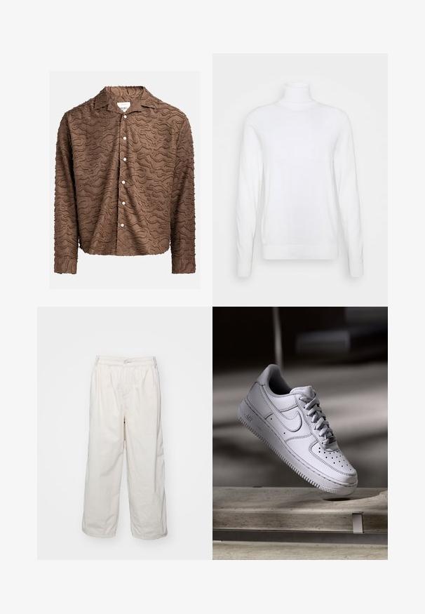 Suéter blanco de cuello alto y mangas largas, hecho de una tela suave. Presenta un diseño ajustado y puños y dobladillo acanalados. Sin patrones ni acentos.; Camisa marrón de botones con un patrón texturizado en espiral, tejido ligero, mangas largas y botones blancos en la parte delantera para cierre.; Pantalones de algodón blancos de pernera ancha con cinturilla elástica, con cierre de botón en la parte delantera y bolsillos laterales. Textura suave y diseño minimalista.; Zapatilla Nike Air Force 1 de cuero blanco que presenta una puntera perforada, cordones planos y una suela de goma texturizada con la marca "AIR" en el lateral.