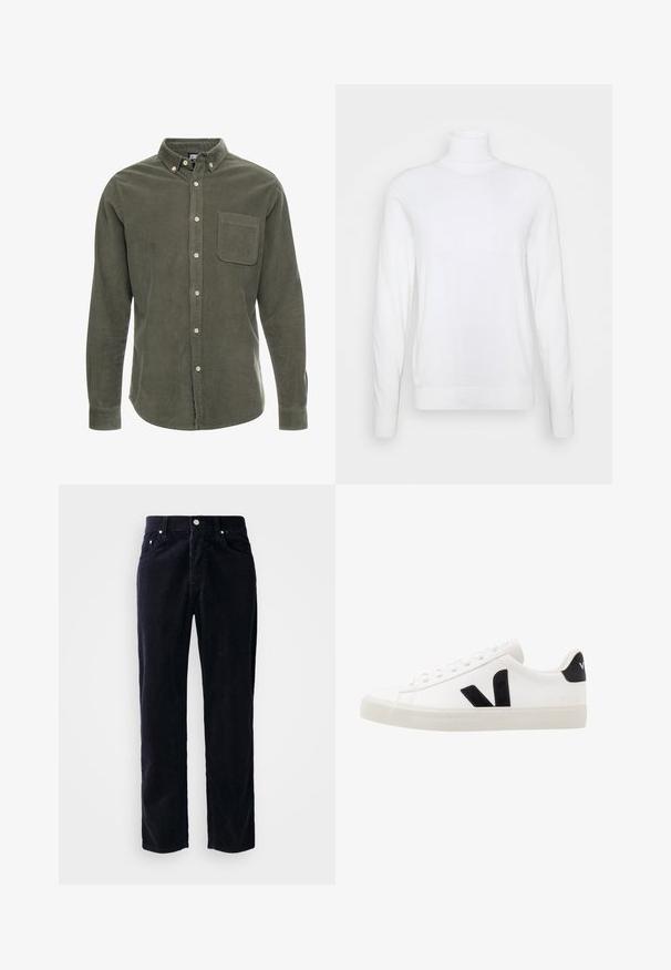Hvid turtleneck sweater med lange ærmer, lavet af glat stof. Har et tætsiddende design og ribbede manchetter og kant. Ingen mønstre eller accenter.; Olivengrøn kordfløjlsskjorte med lange ærmer, knap-ned krave, frontlomme og frontknaplukning. Struktureret stof med lodrette striber.; Marineblå kordfløjspants med lige skæring, fem lommer og knaplukning. Har lodret ribbet tekstur og metal hardware detaljer.; Hvide lædersneakers med sorte ruskindsdetaljer; har en gummisål, rund tå og klassisk snørebåndsdesign. Side logo i sort.