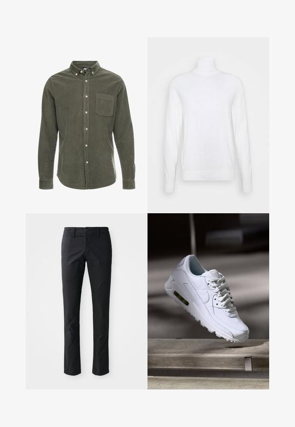 Hvid turtleneck sweater med lange ærmer, lavet af glat stof. Har et tætsiddende design og ribbede manchetter og kant. Ingen mønstre eller accenter.; Olivengrøn kordfløjlsskjorte med lange ærmer, knap-ned krave, frontlomme og frontknaplukning. Struktureret stof med lodrette striber.; Sorte lige ben bukser lavet af glat stof med en enkelt knaplukning og bæltestropper. Minimalistisk design uden synlige mønstre.; Hvide lædersneakers med teksturerede overflader, polstret krave og synlig luftpolstring i sålen. Har snørrebånd og et minimalistisk design.