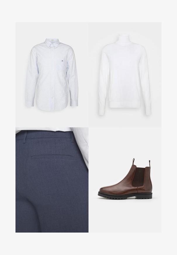 Suéter blanco de cuello alto y mangas largas, hecho de una tela suave. Presenta un diseño ajustado y puños y dobladillo acanalados. Sin patrones ni acentos.; Camisa de cuadros azul claro con botones y mangas largas, cuello y pequeño logo en el pecho. Hecha de algodón y con una textura suave.; Pantalones ajustados azul marino hechos de una tela texturizada con frente plano, bolsillo trasero sutil y líneas limpias. Sin herrajes visibles ni adornos.; Botín Chelsea de cuero marrón con paneles laterales elásticos, punta redondeada y suela de goma texturizada, que incluye lengüetas para facilitar su puesta.