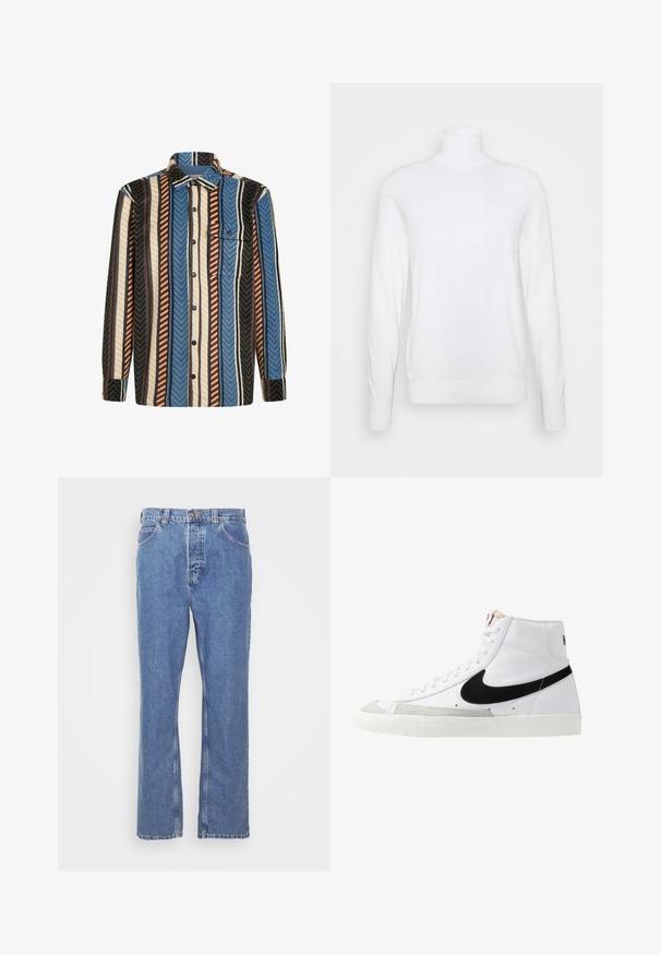 Hvid turtleneck sweater med lange ærmer, lavet af glat stof. Har et tætsiddende design og ribbede manchetter og kant. Ingen mønstre eller accenter.; Langærmet skjorte med knaplukning i lodrette striber i blå, brun, hvid og sort, med en brystlomme foran med knapklap.; Blå denimjeans med lige pasform, fem lomme-design, bæltestropper og knaplukning. Stoffet har en blød, struktureret finish.; Hvide høje sneakers med et sort swoosh, struktureret grå tåhætte og flad hvid sål. Har seks snørrehuller og syede detaljer.